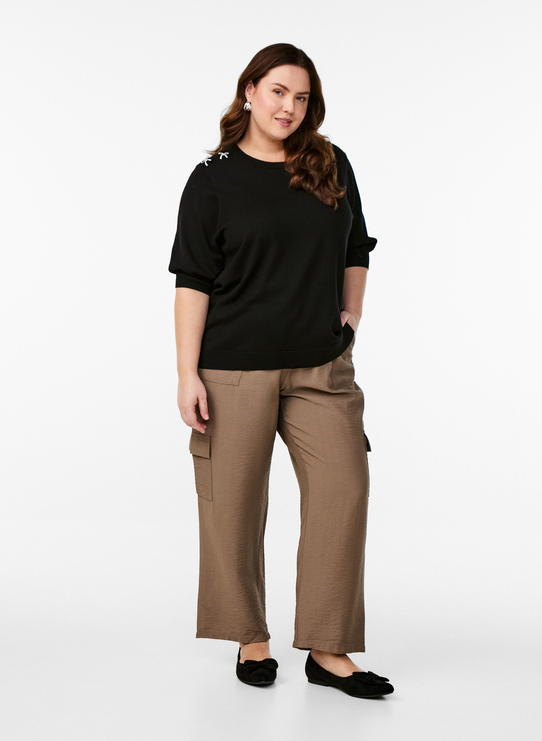 Zizzifashion Knitted blouse with short sleeves and small bows, Black, Model image number 1