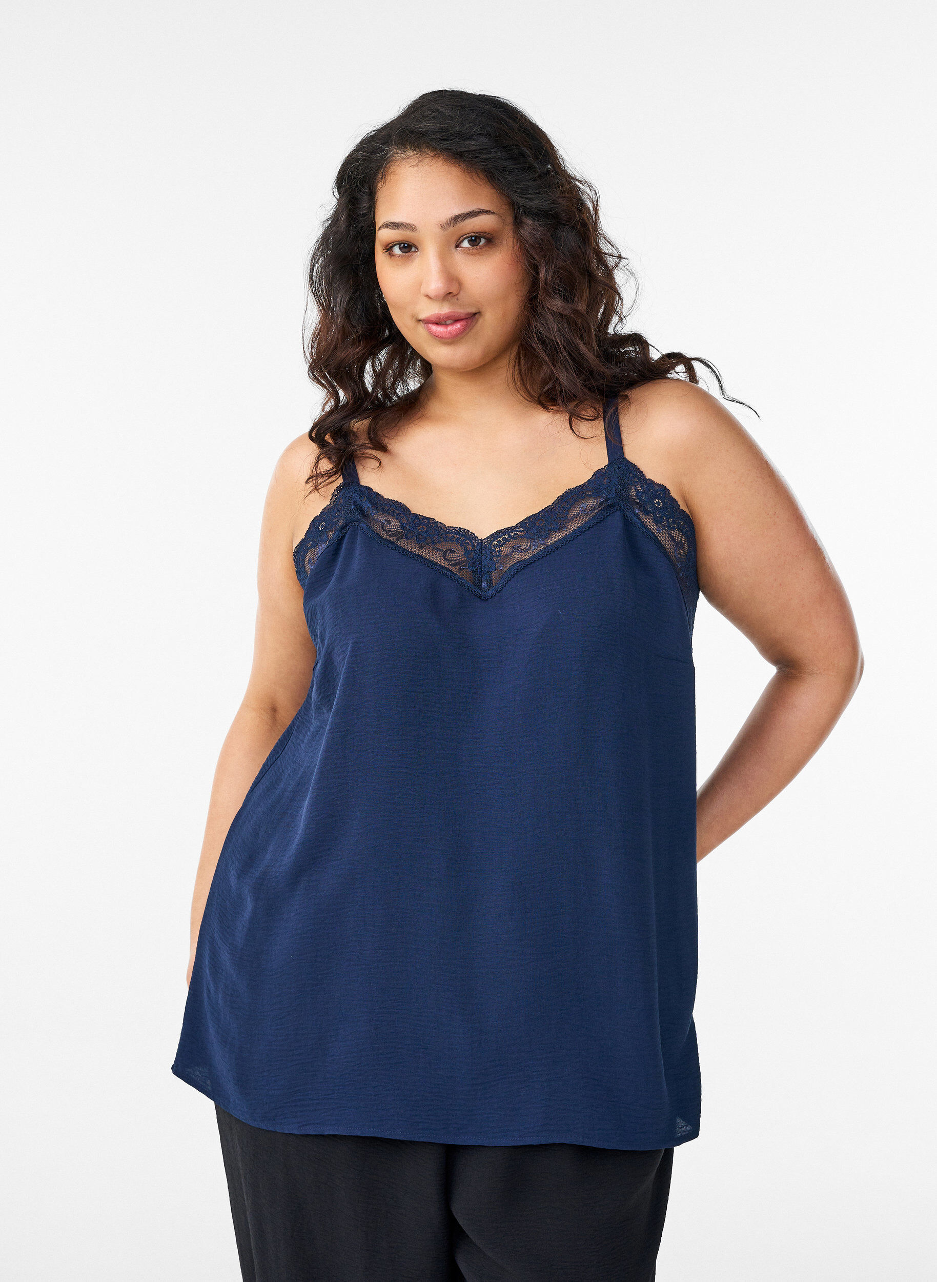 Cami top with a V-neck and lace trim, Blue, Model