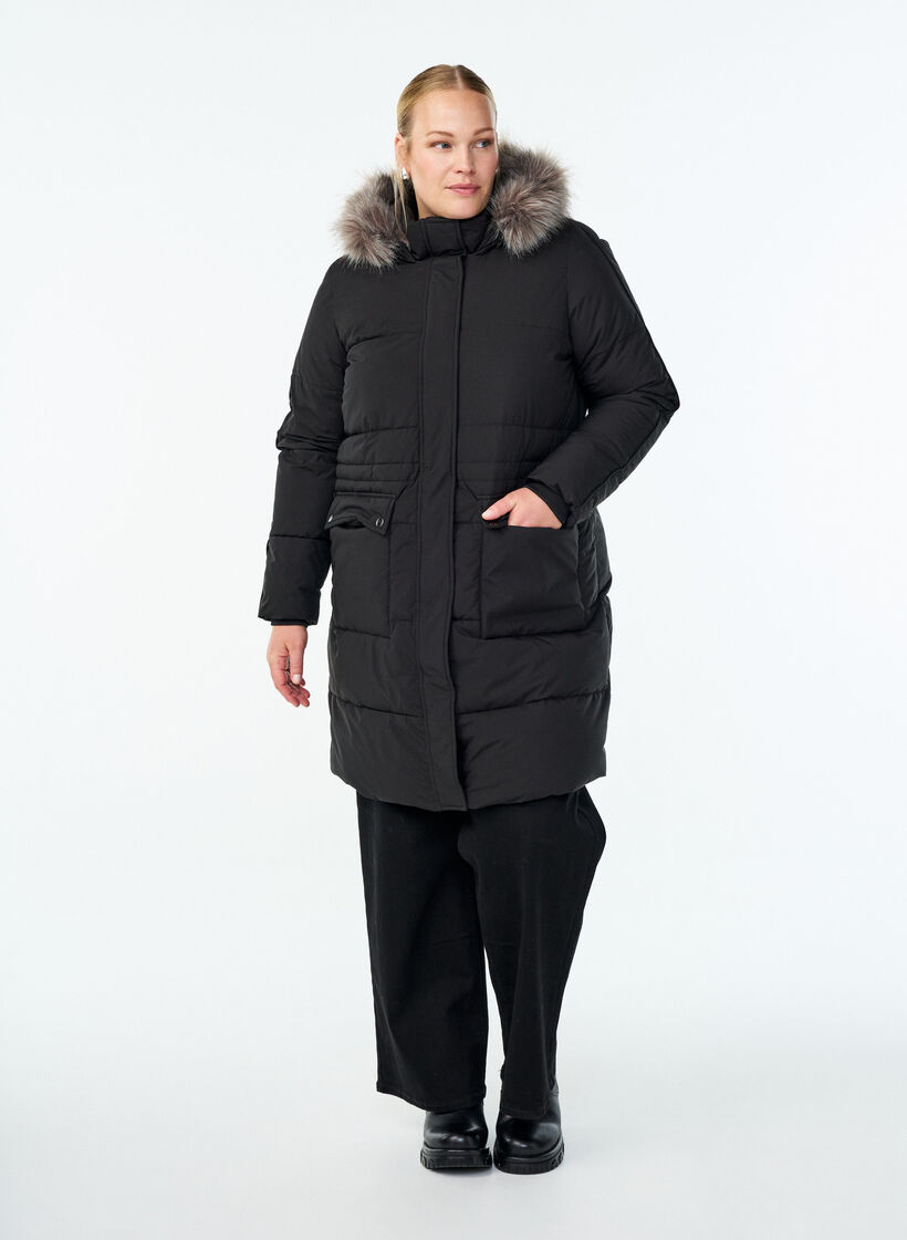 Water-repellent parka with faux fur Collar, Black, Model image number 1