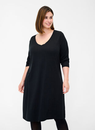 Solid colour long-sleeved dress with V-neck, Black, Model image number 0