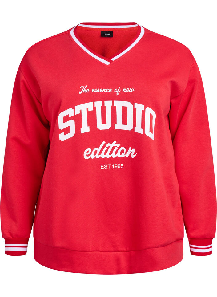 Sweatshirt with V-neck and text print, Red, Packshot image number 0