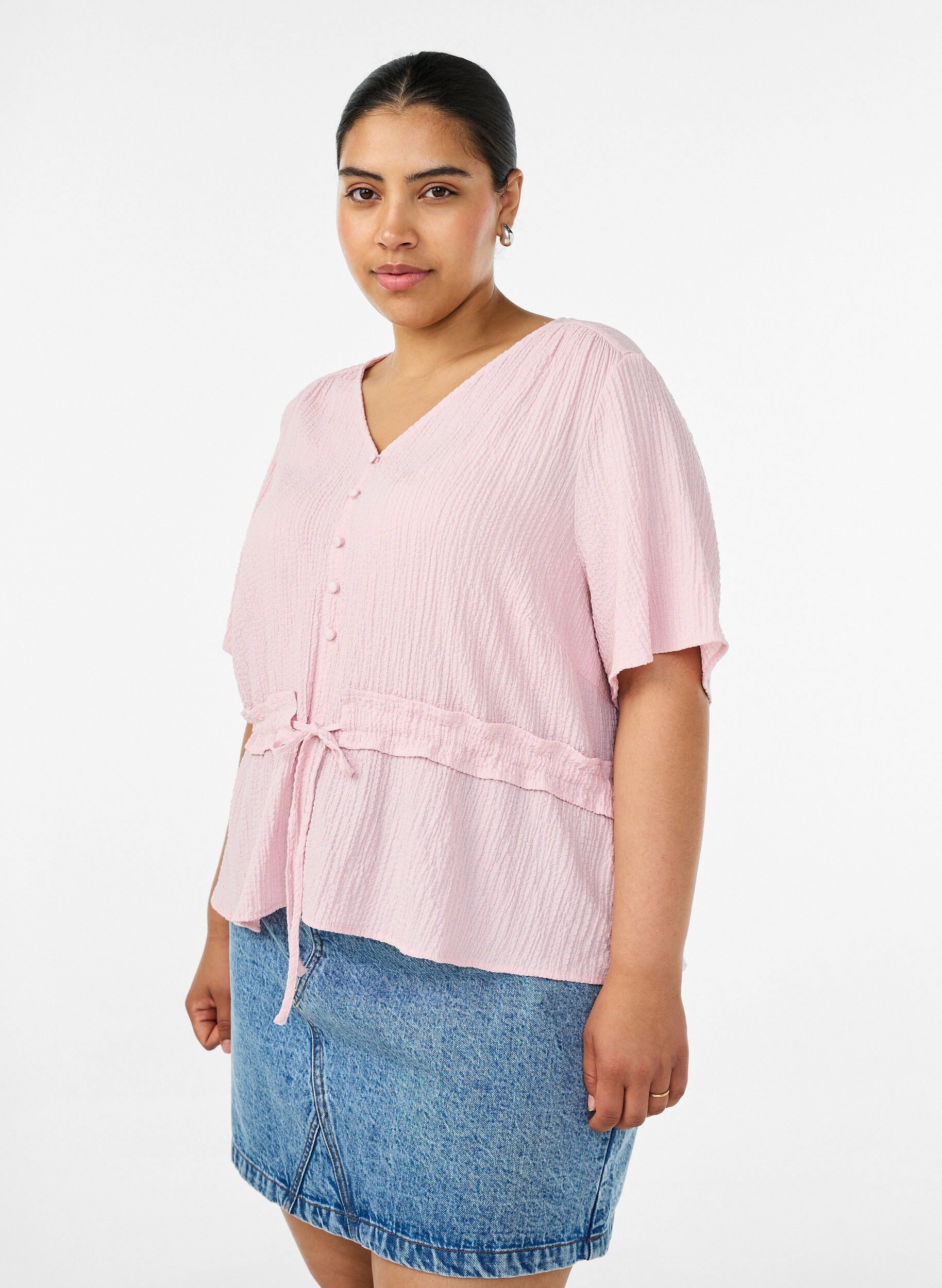 Zizzifashion Blouse with texture and a tie-waist, Pink, Model image number 0