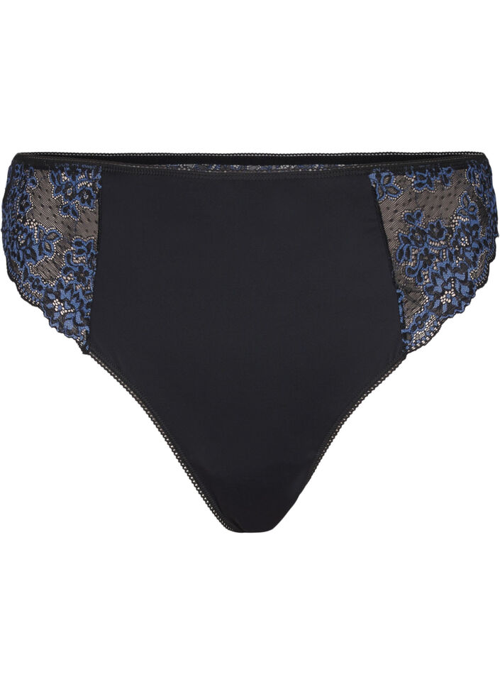 Microfibre G-string with lace, Black w Blue, Packshot image number 0