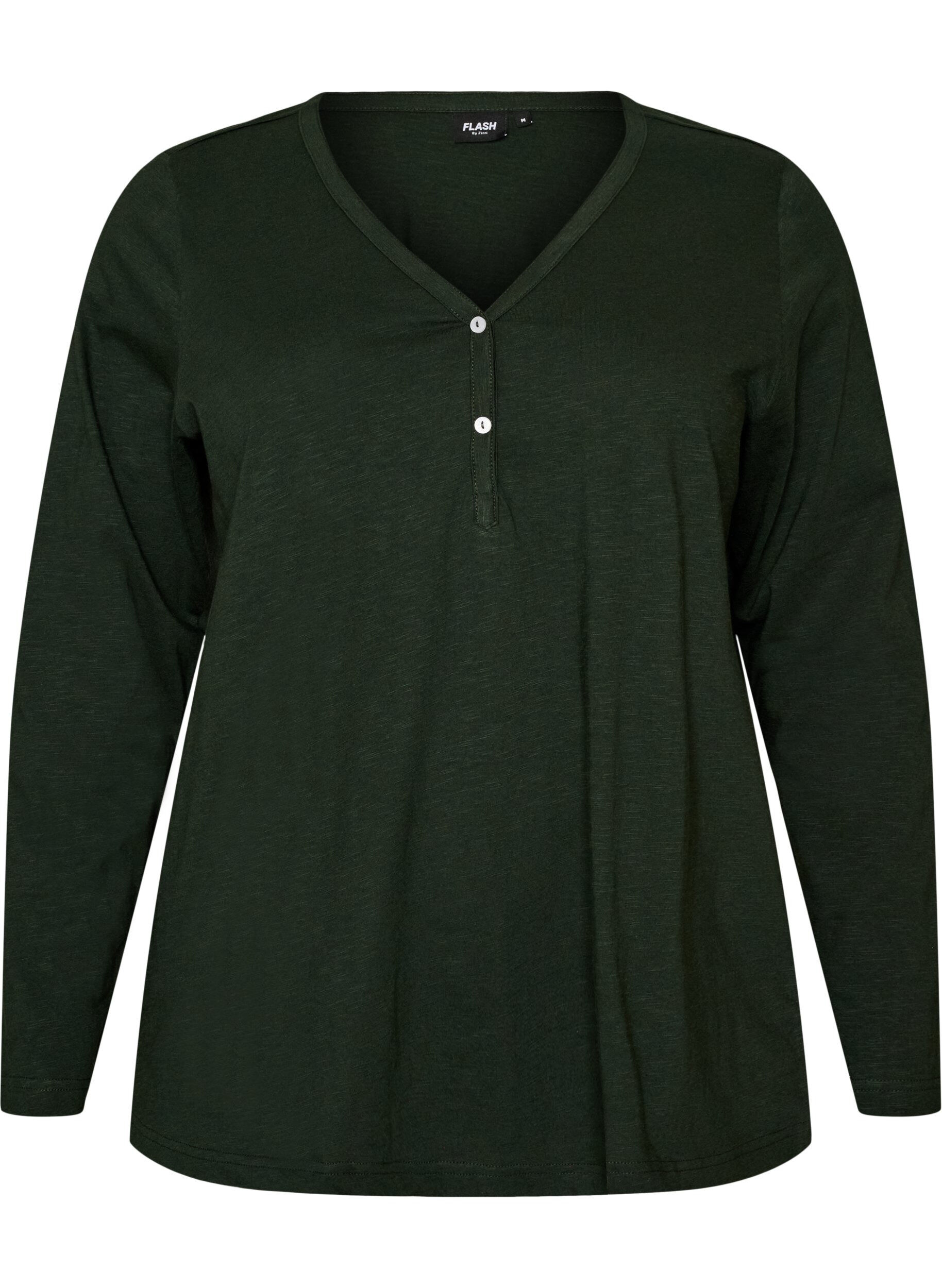 ZizzifashionLong-sleeved t-shirt with V-neck and buttons, Green, Packshot image number 0
