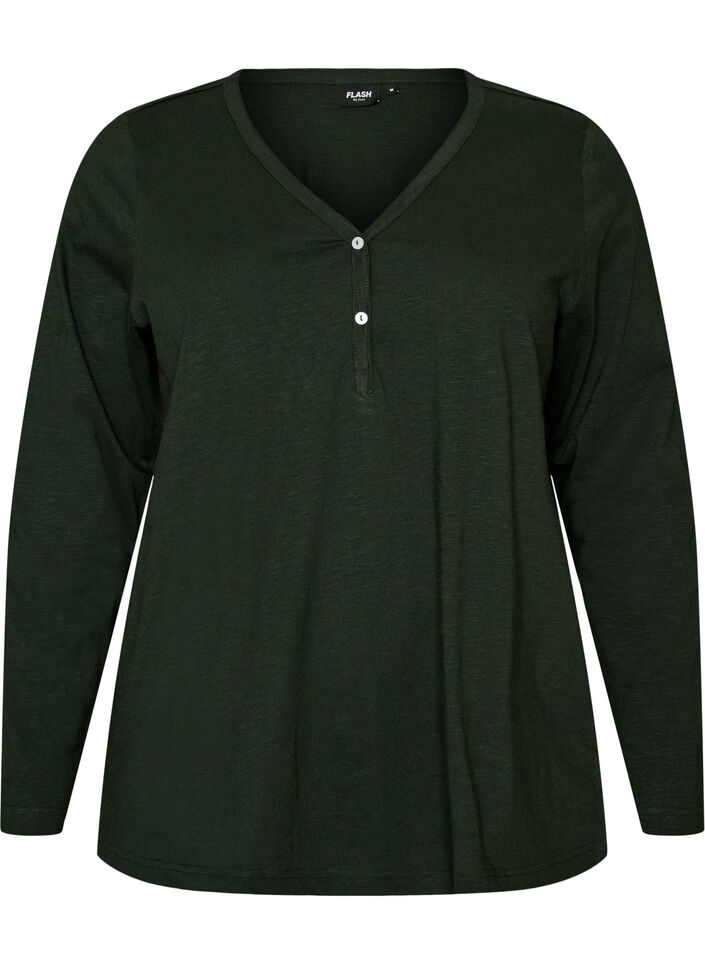 Long-sleeved t-shirt with V-neck and buttons, Green, Packshot image number 0