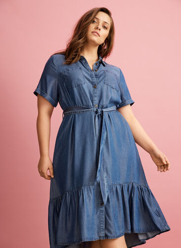 Short-sleeved denim midi dress, Medium Blue denim, Image image number 0