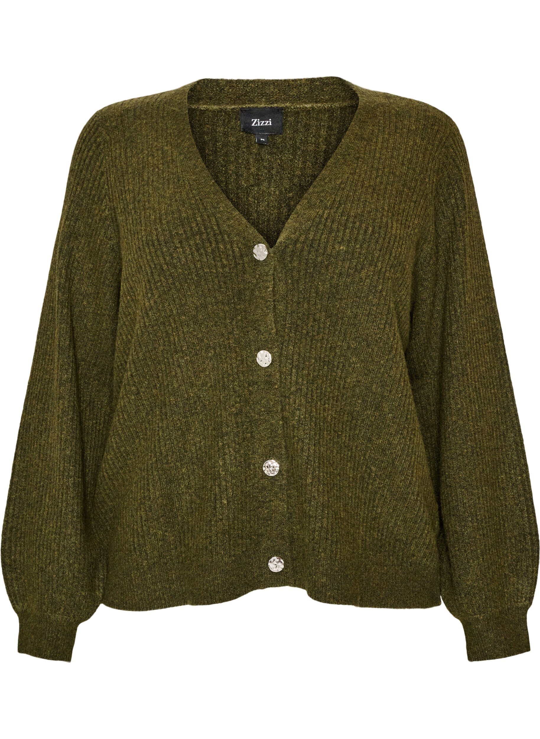 ZizzifashionCardigan with V-neck and ribbed texture, Green, Packshot image number 0