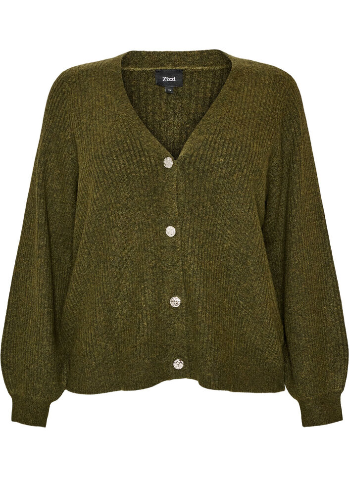 Cardigan with V-neck and ribbed texture, Green, Packshot image number 0