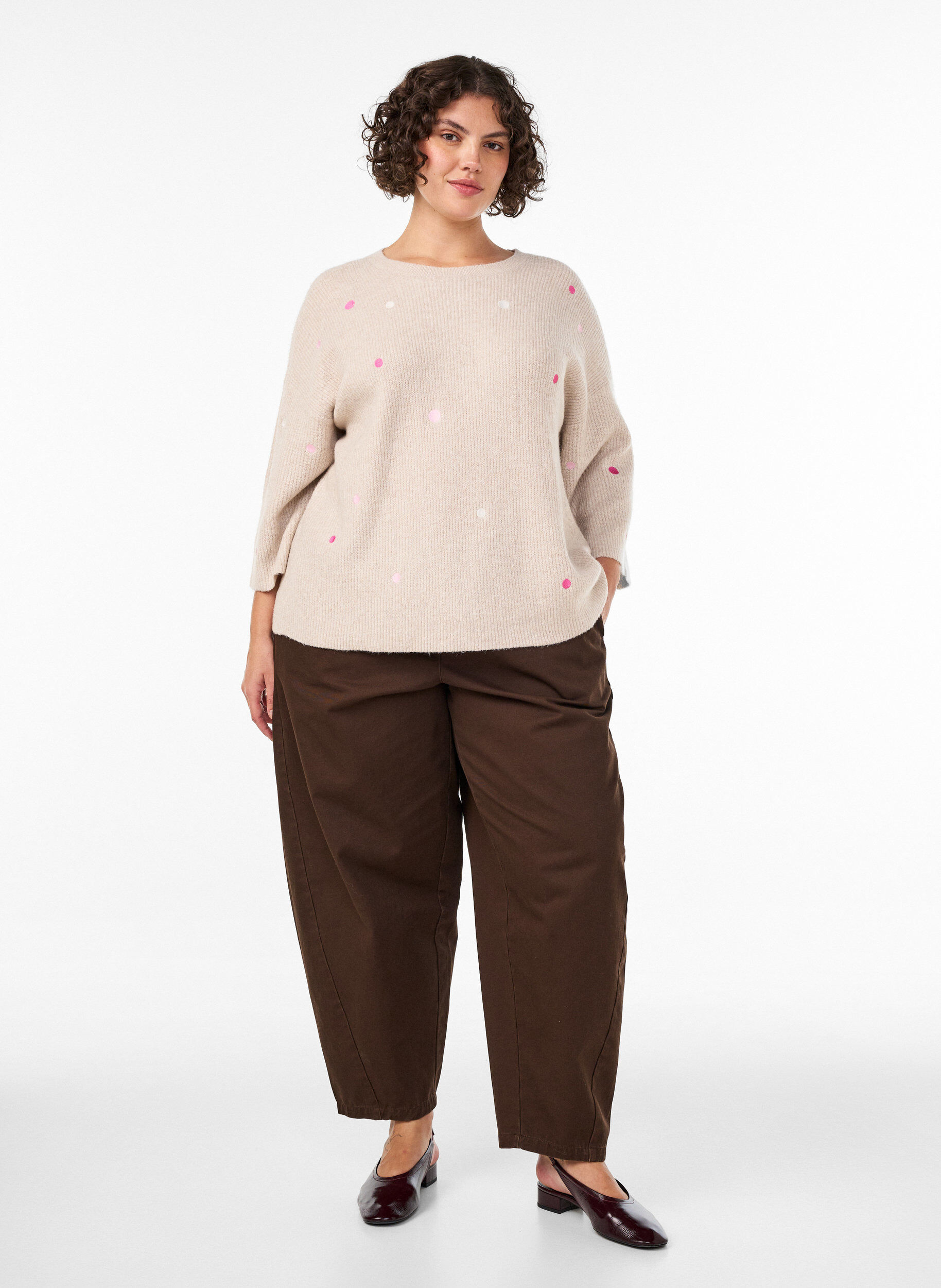 ZizzifashionKnitted blouse with small embroidered motifs, Beige, Model image number 1