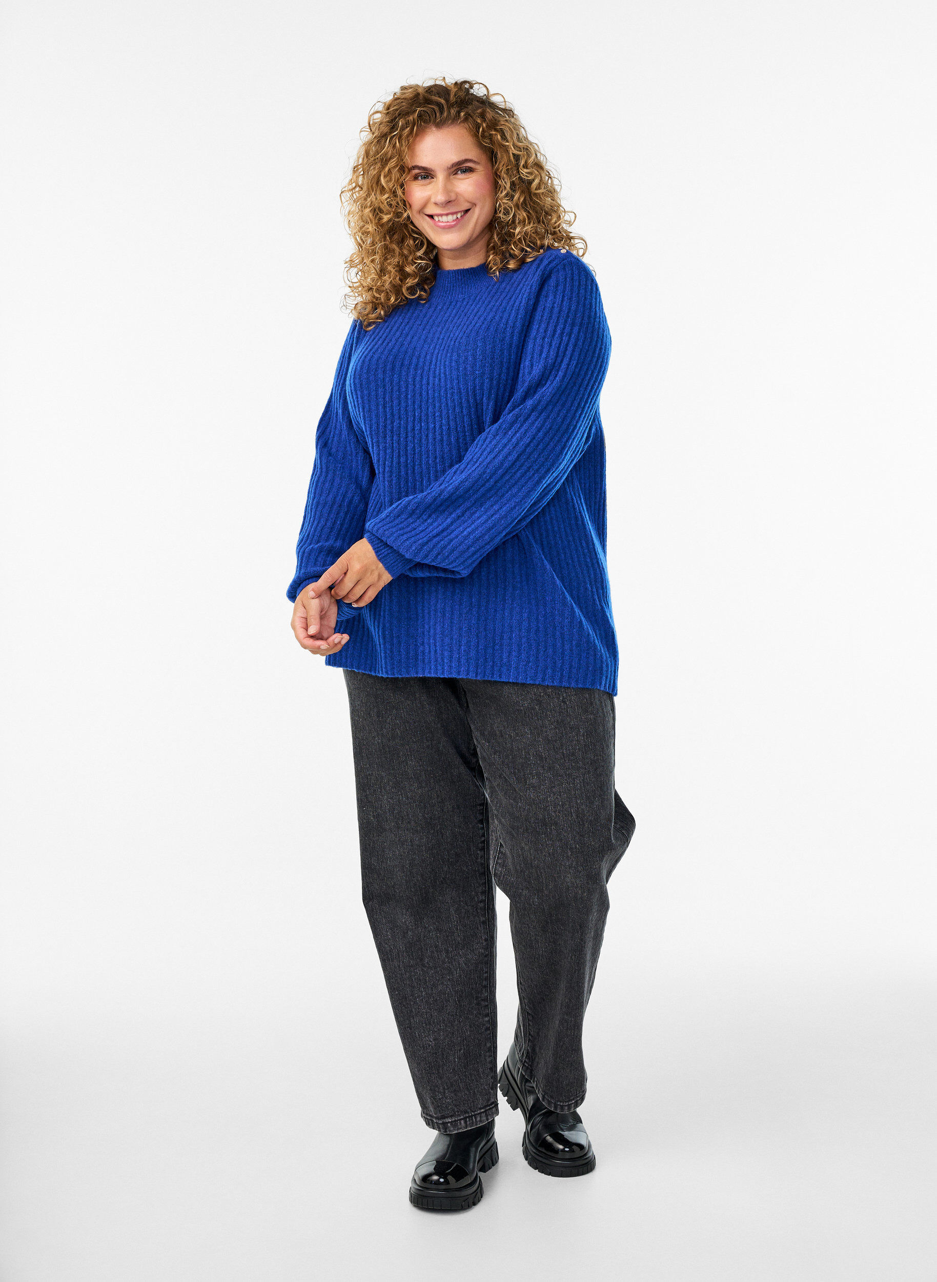 Zizzifashion Ribbed jumper with puff sleeves and buttons, Blue, Model image number 1