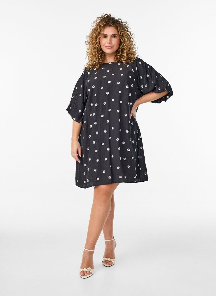 Short viscose dress with balloon sleeves, 9990, Model image number 1
