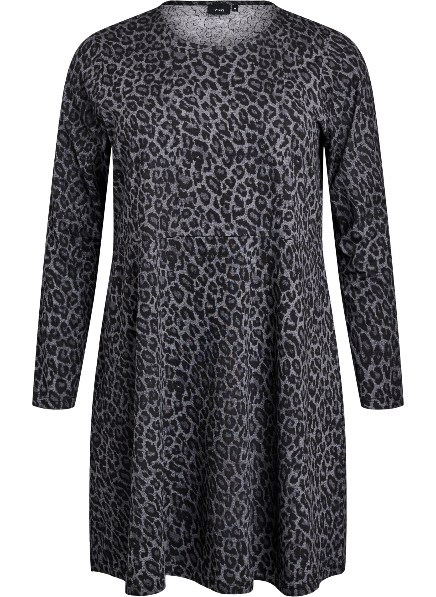 Zizzifashion Long-sleeved dress with round neck and zebra print, Dark Grey Leo, Packshot image number 0