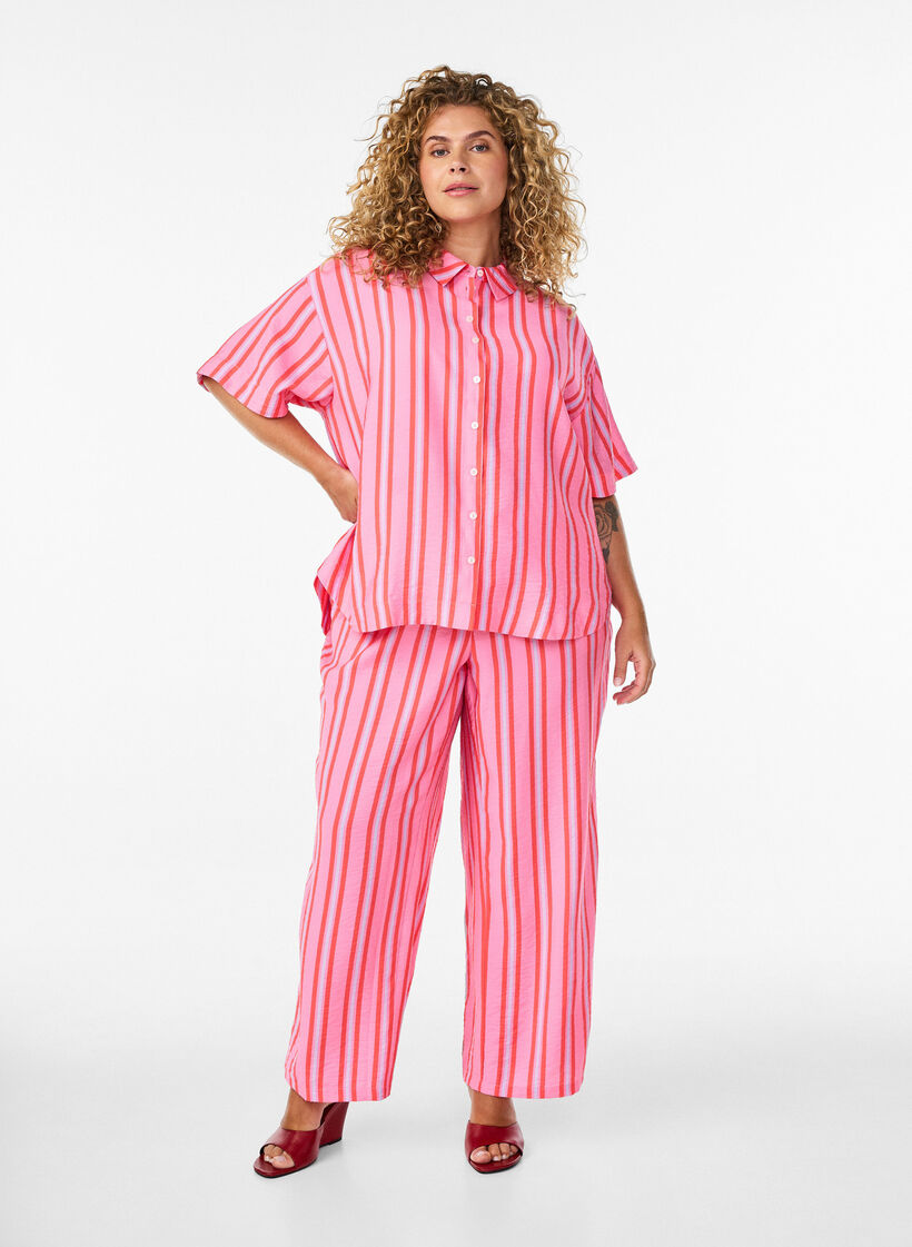 Striped trousers with a high waist and wide legs, Pink, Model image number 0