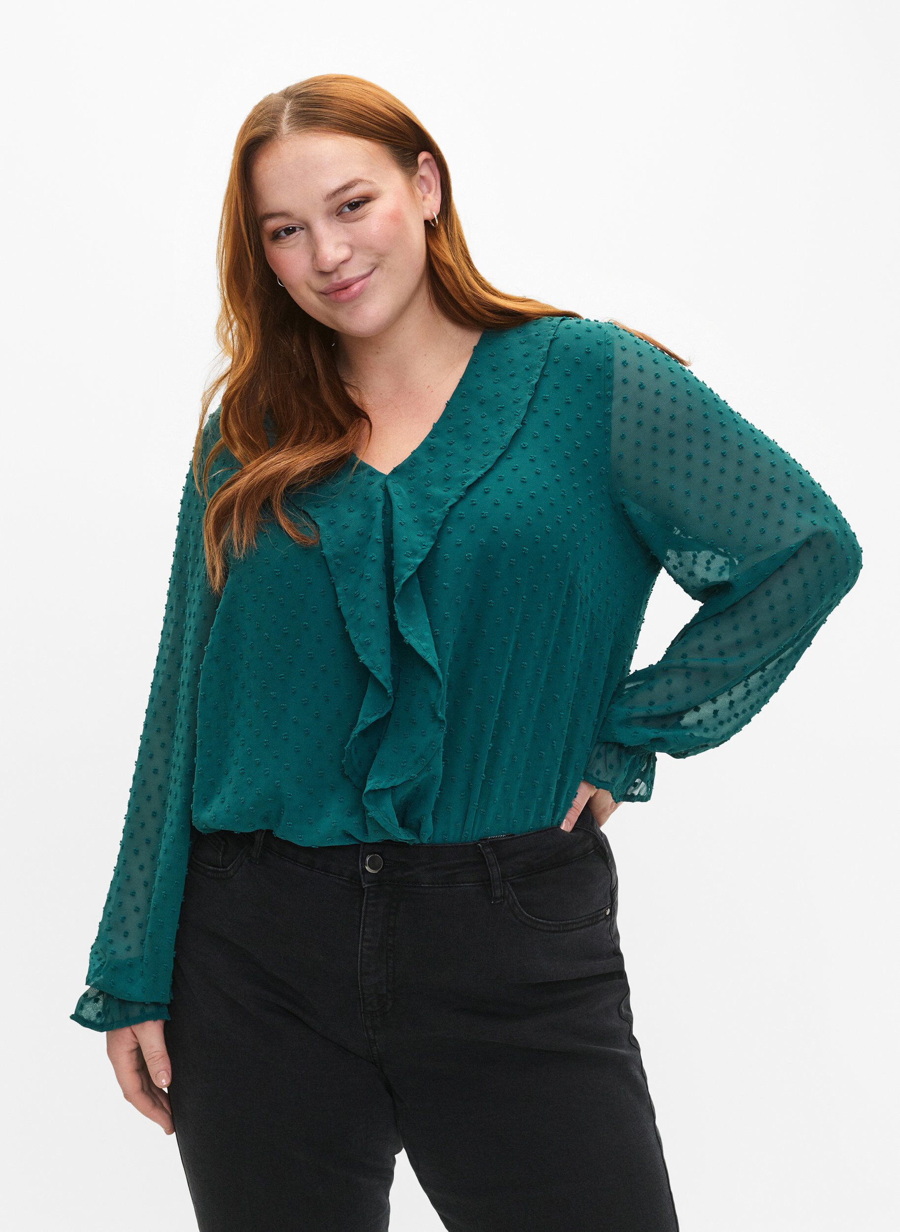 Zizzifashion Blouse with ruffles and dotted texture, Shaded Spruce, Model image number 0