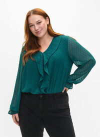 Blouse with ruffles and dotted texture, Shaded Spruce, Model