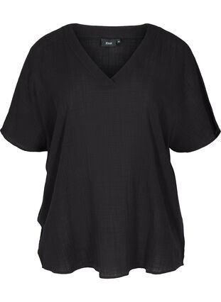 Short-sleeved V-neck cotton blouse, Black, Packshot image number 0
