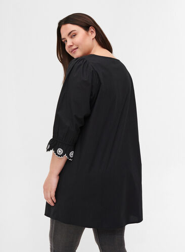 Long cotton blouse with 3/4 sleeves, Black, Model image number 1