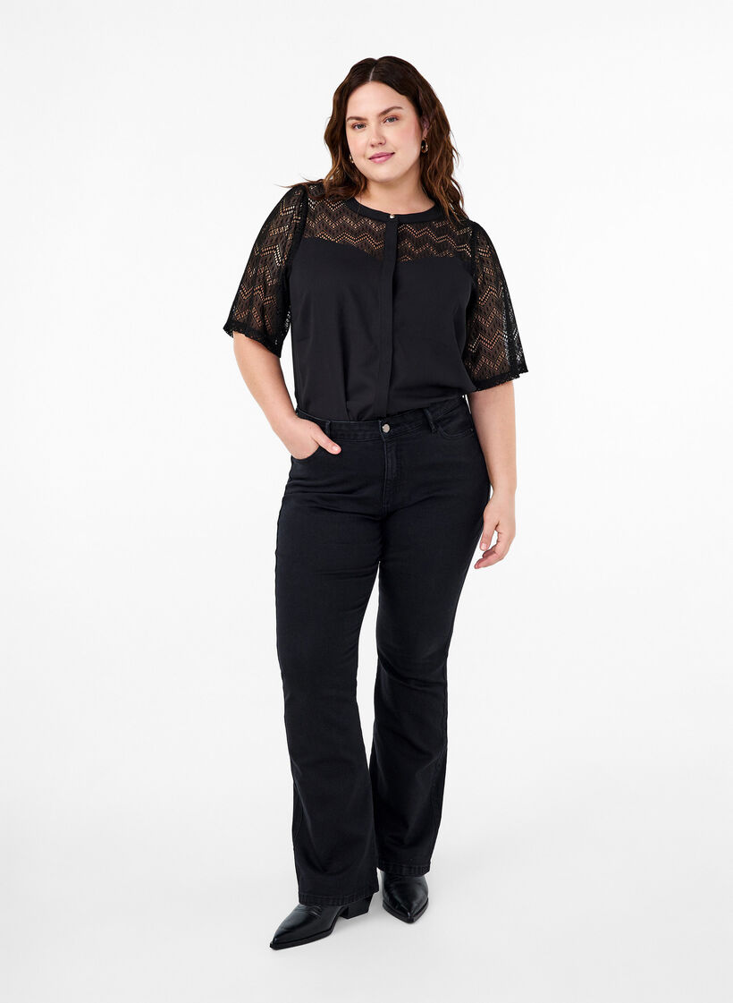 Shirt blouse with short lace sleeves, Black, Model image number 2