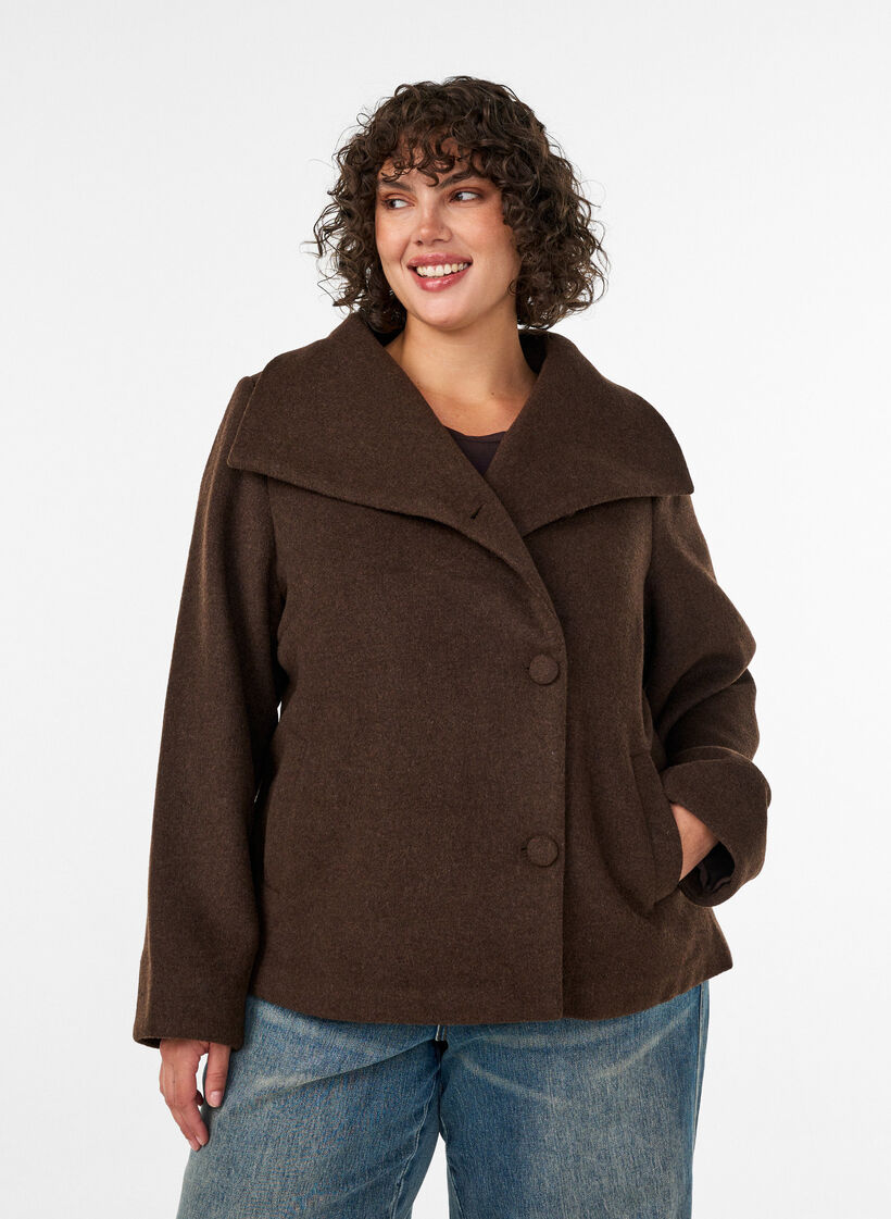 Short jacket with asymmetric button fastening, Brown, Model image number 0