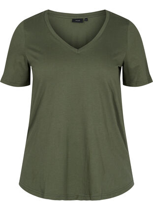 Organic cotton T-shirt with V-neckline, Thyme, Packshot image number 0