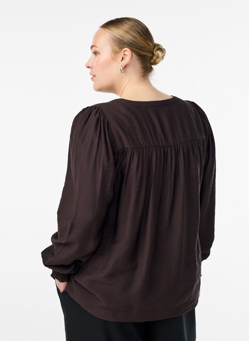 Viscose blouse with smock and gathered details, Brown, Model image number 2
