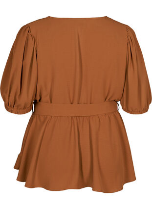 Wrap blouse with puff sleeves, Leather Brown, Packshot image number 1