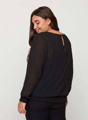 Long-sleeved blouse with smocking and sequins, Black, Model image number 1