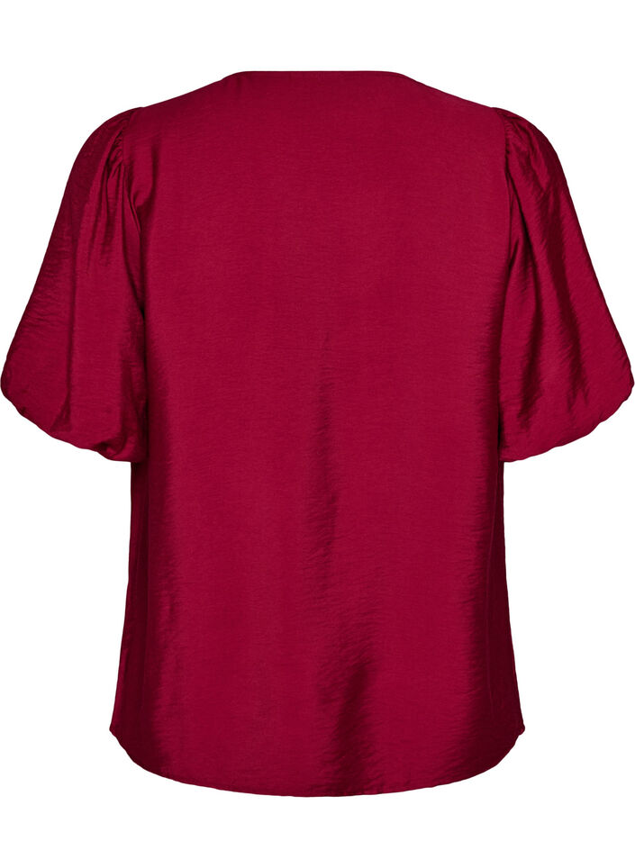 Blouse with balloon sleeves and V-neck, Red, Packshot image number 1