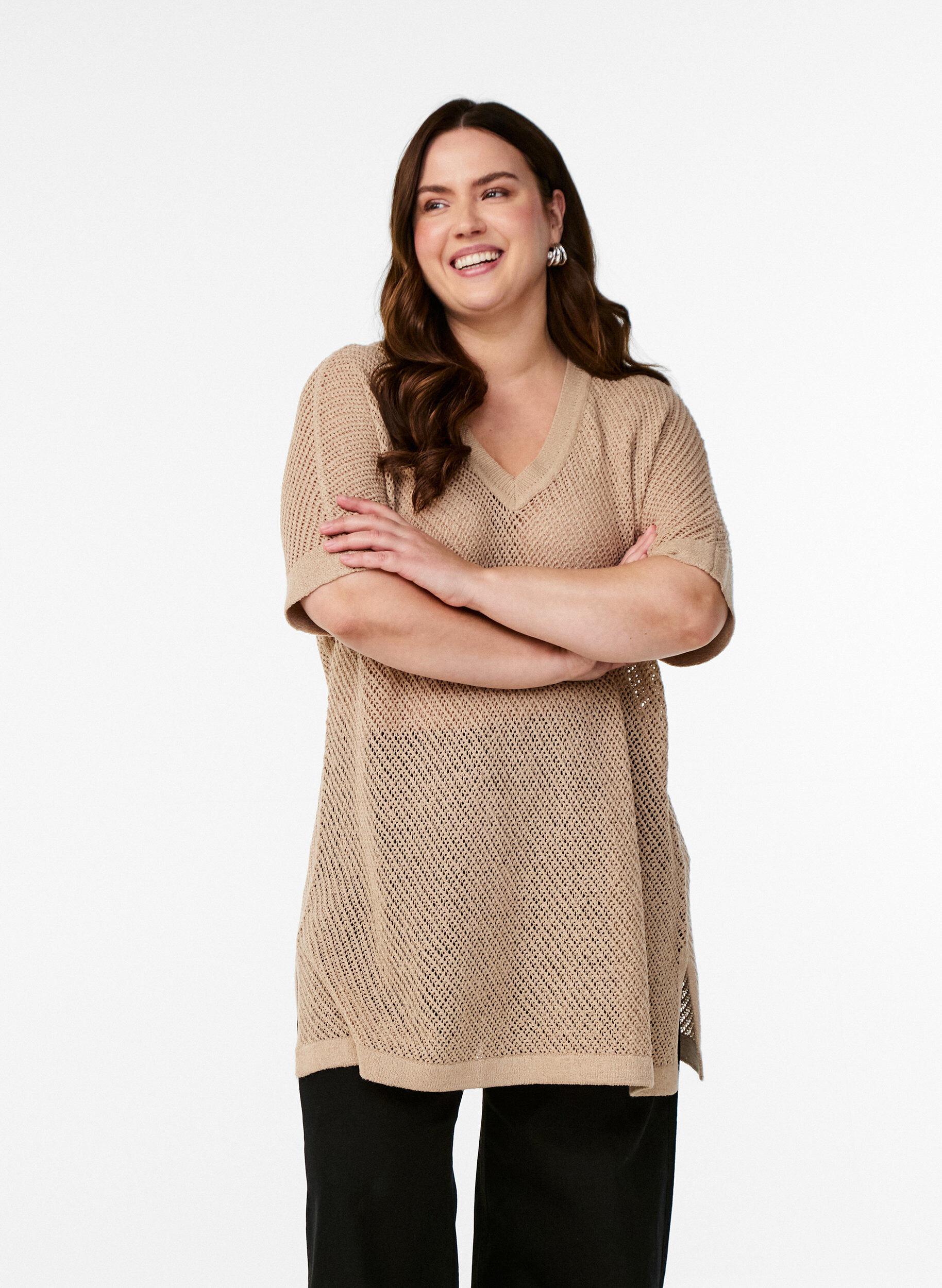 Zizzifashion FLASH - Short-sleeved knitted blouse with v-neck, Beige, Model image number 0