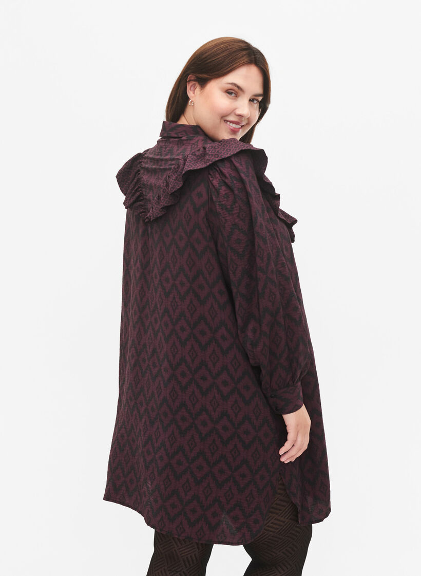 Long viscose shirt with print and frills, Winetasting w. Black, Model image number 1