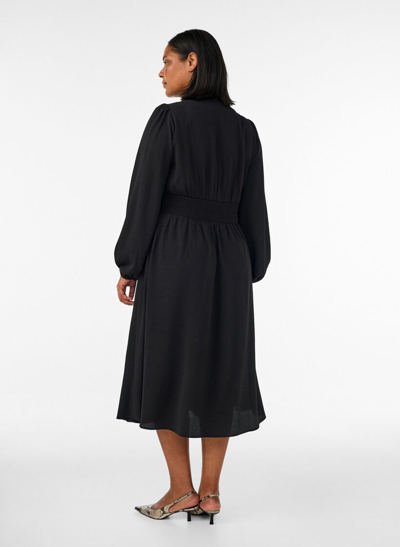 Midi dress with smock and decorative buttons, Black, Model image number 1