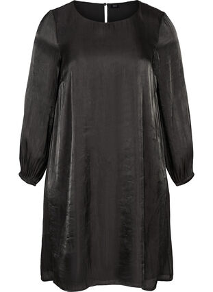 Shiny dress with long puff sleeves, Black, Packshot image number 0