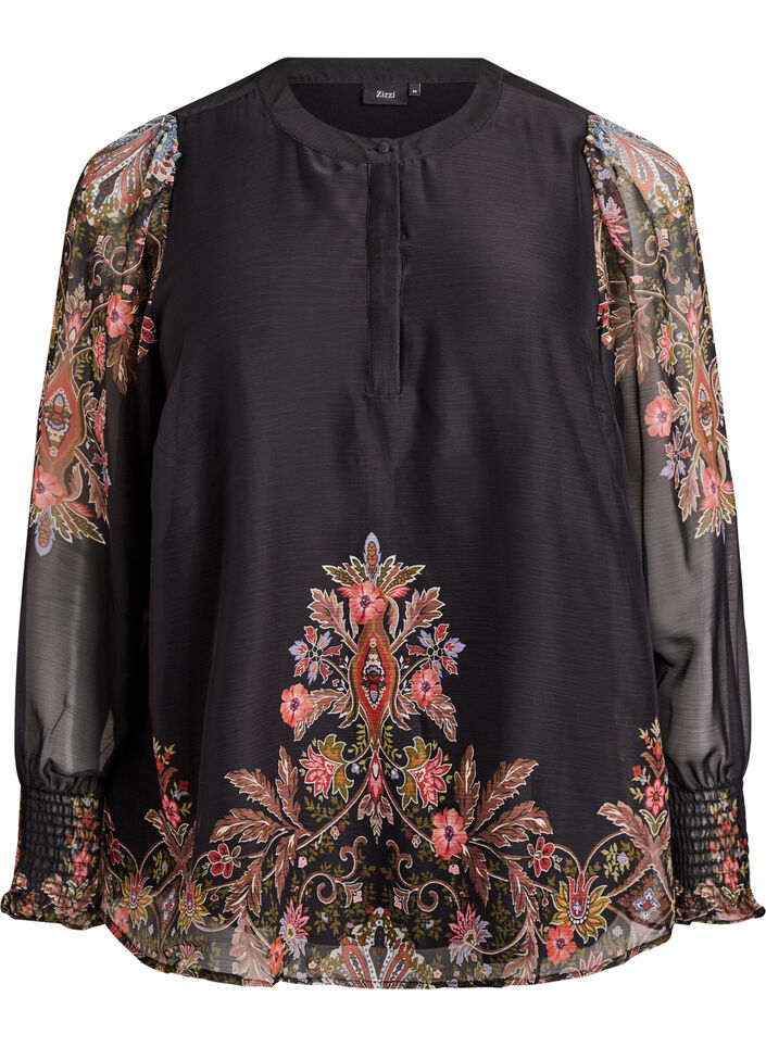 Blouse with paisley print and sheer sleeves, Black, Packshot image number 0