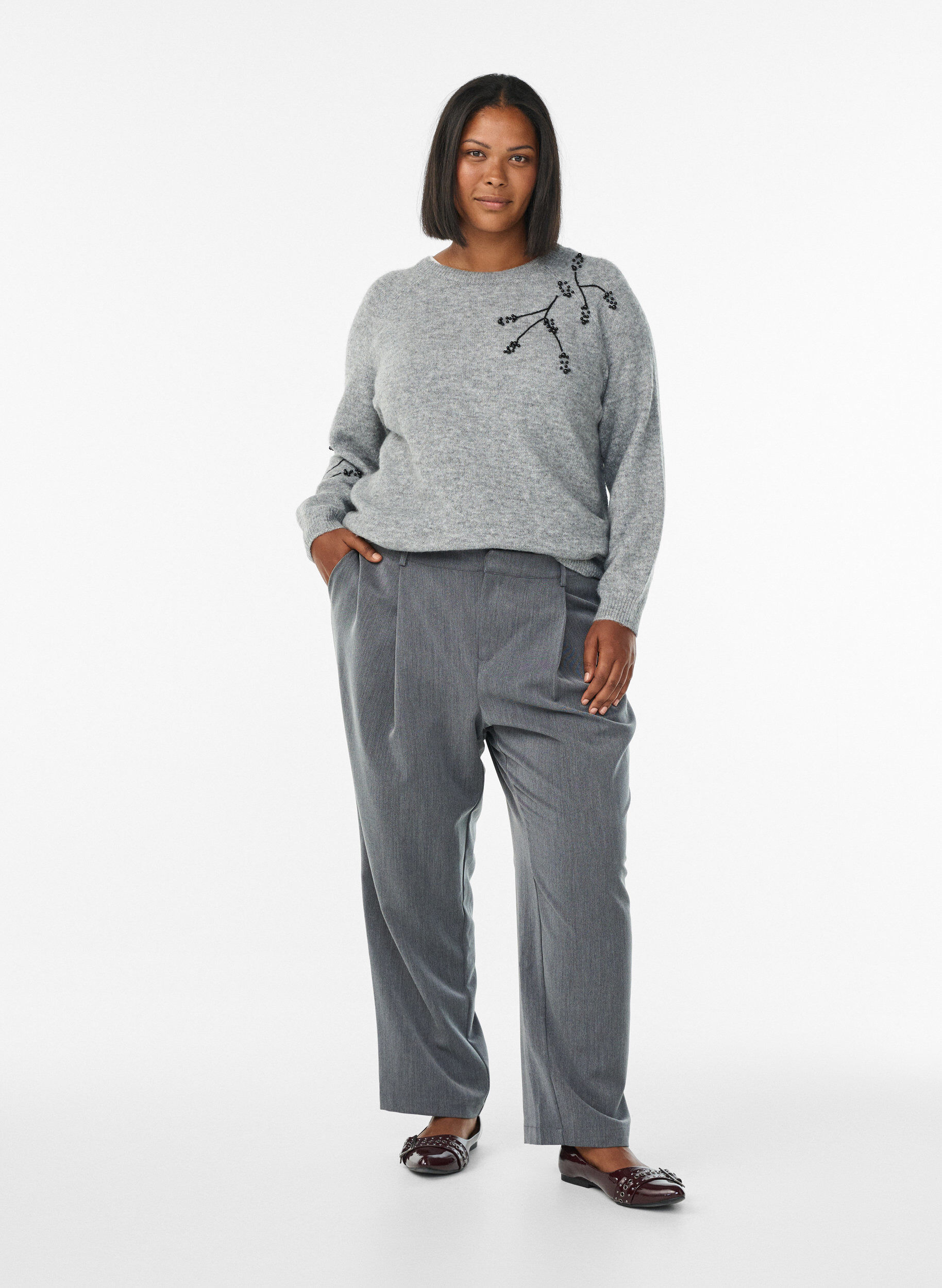 High-waisted tailored trousers with straight legs, Dark Grey, Model