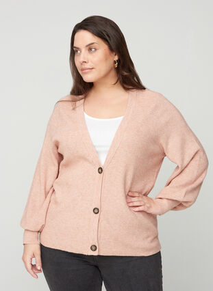 Short knitted cardigan with buttons, Rose Smoke Mel, Model image number 0