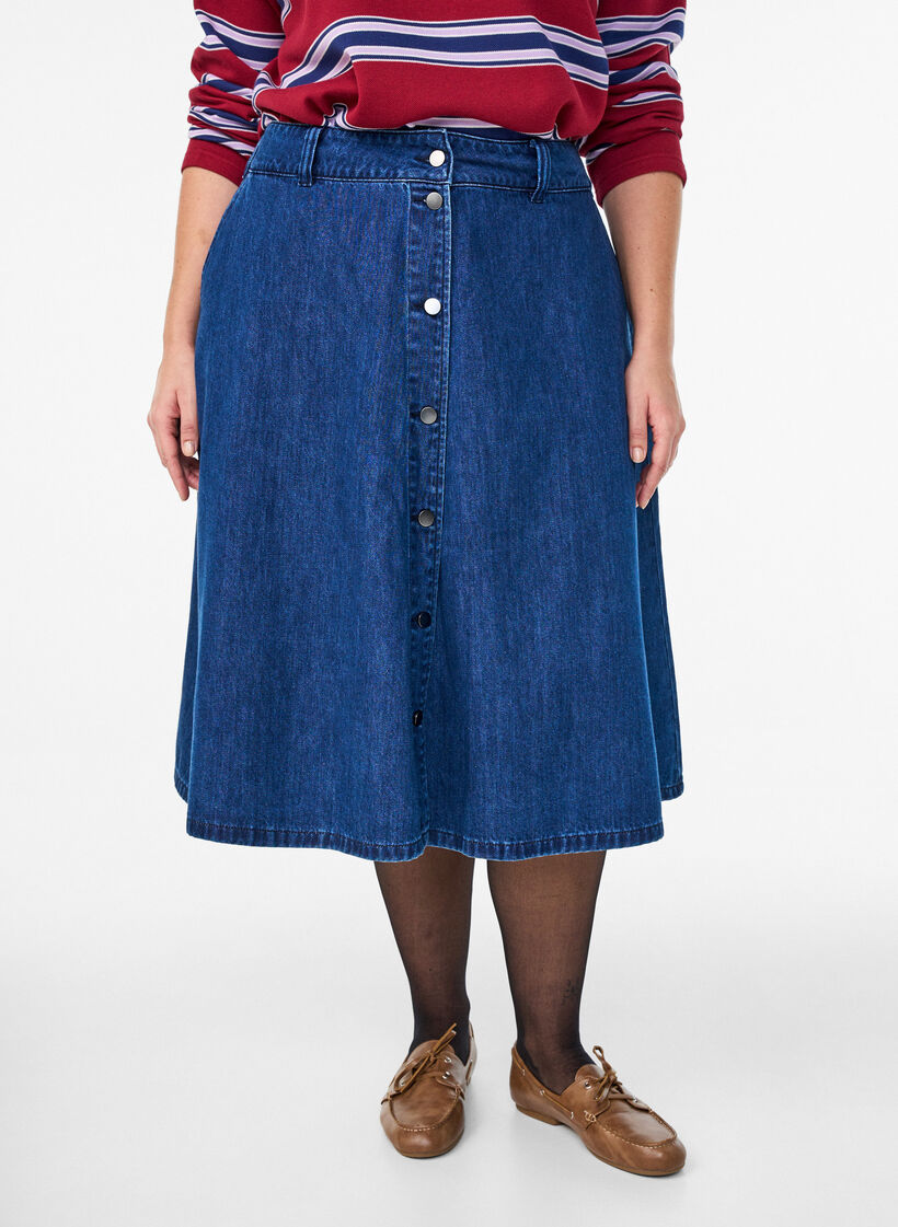 A-line denim skirt with button fastening, Blue, Model image number 2