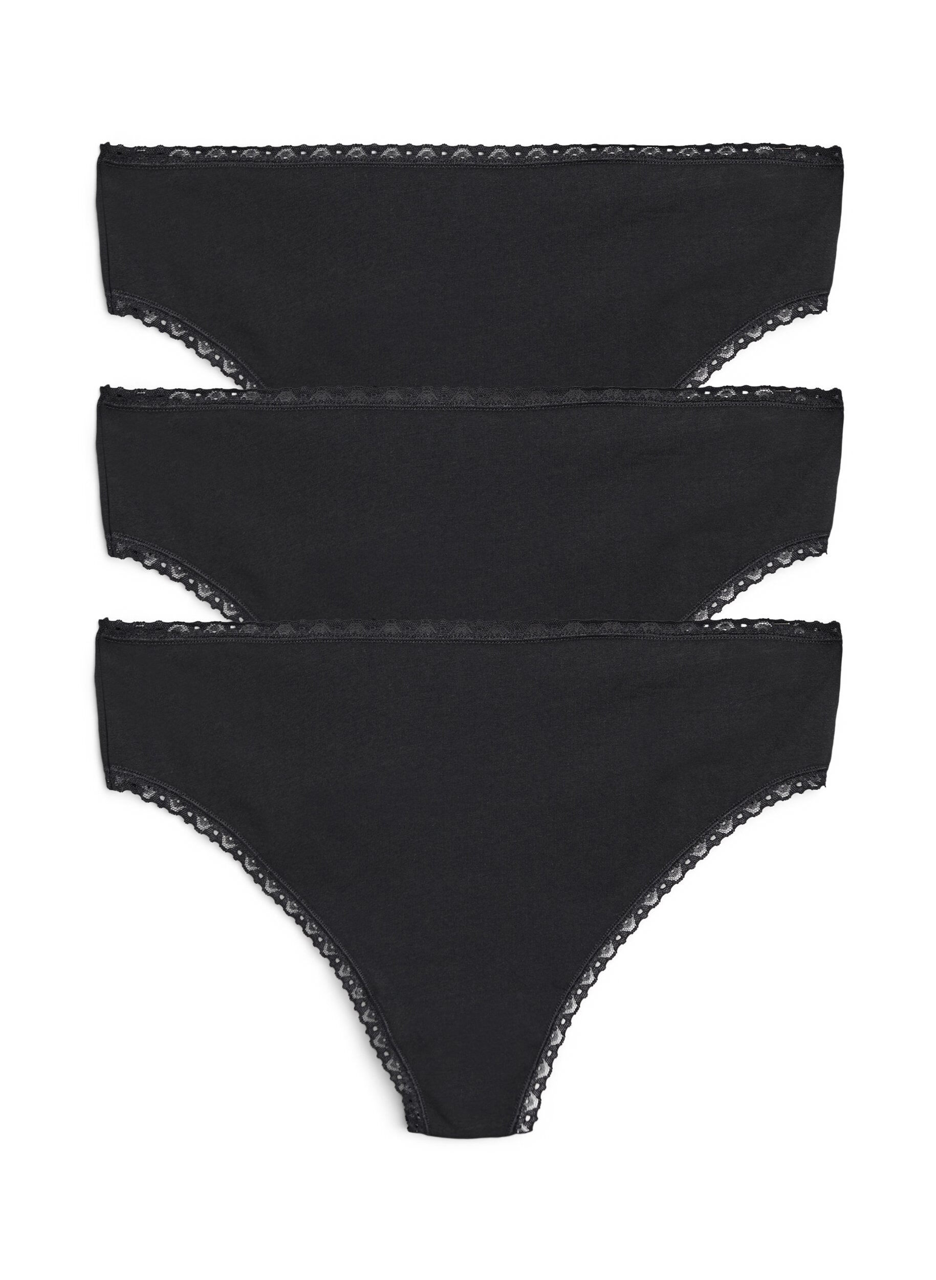 Zizzifashion 3-pack thong with lace edges, Black, Packshot image number 0