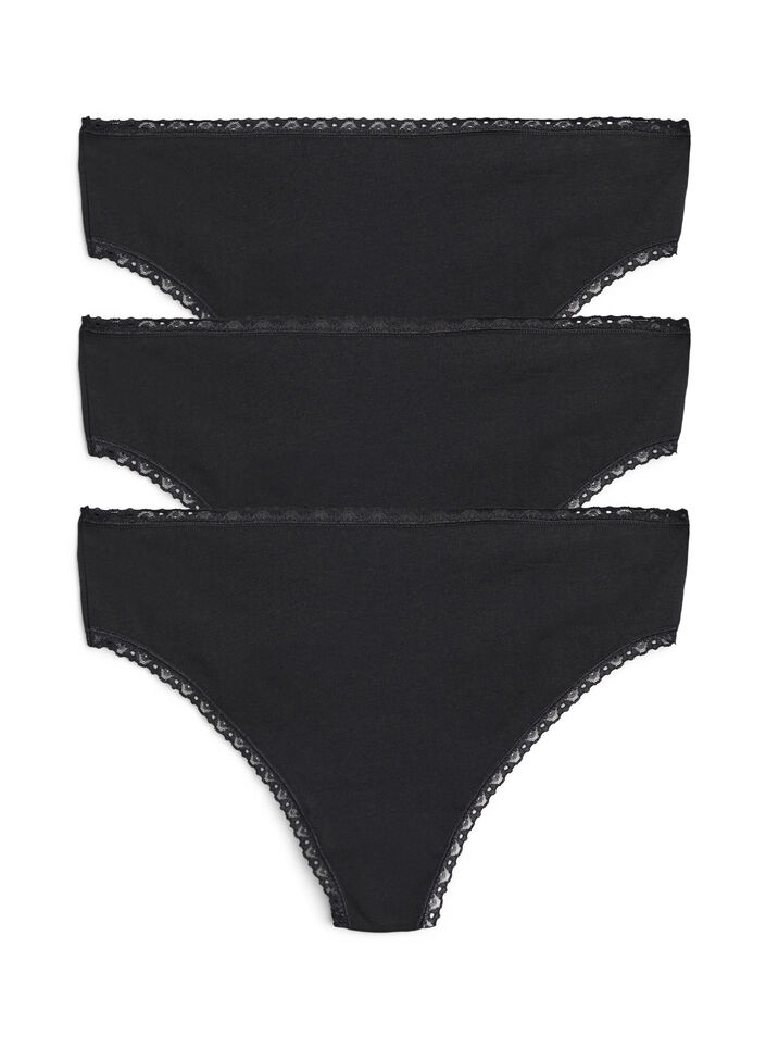3-pack thong with lace edges, Black, Packshot image number 0