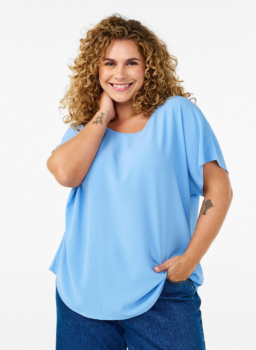 Blouse with short sleeves and a round neckline, Light Blue, Model image number 0
