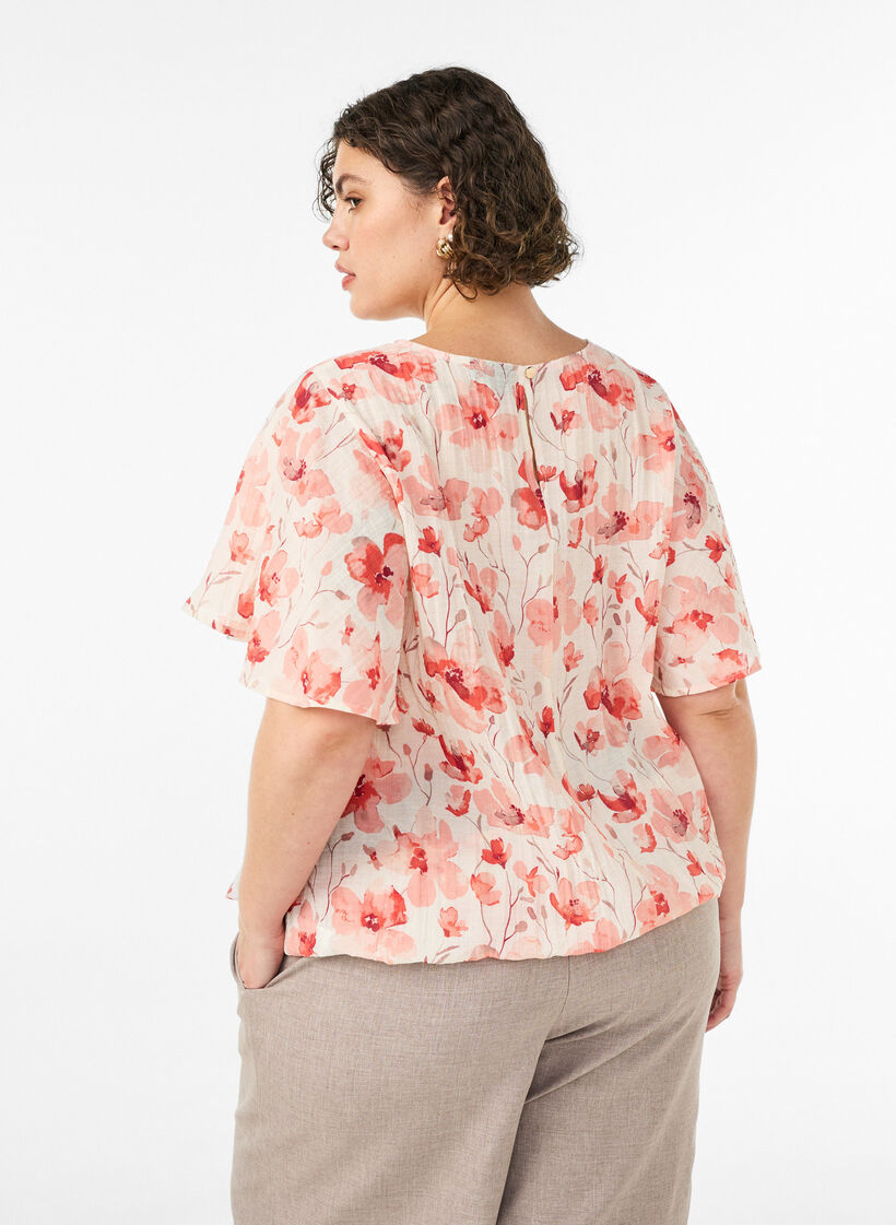 Blouse with balloon shape and wing sleeves, Coral, Model image number 1