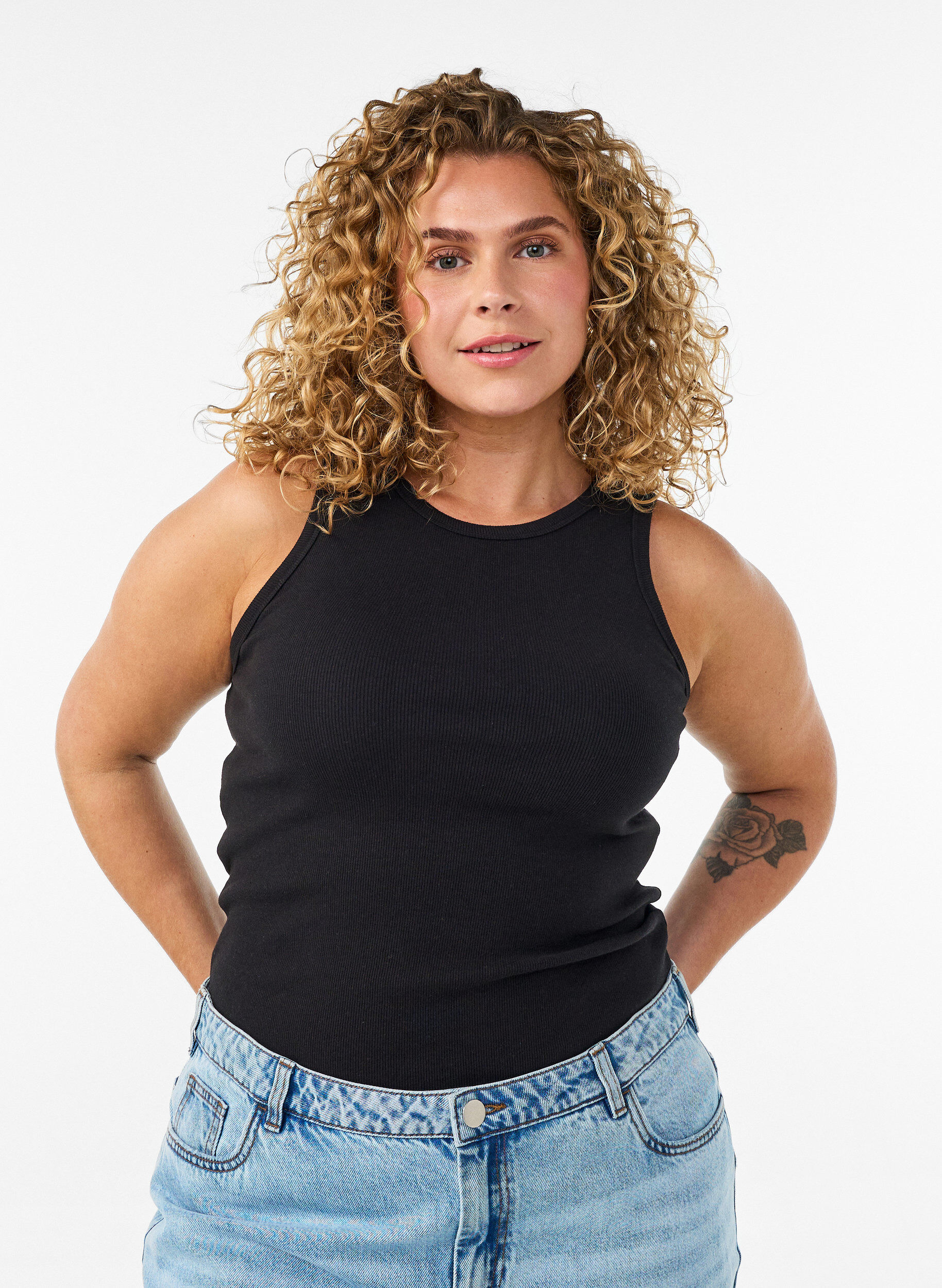 Cotton ribbed top with high neck, Black, Model