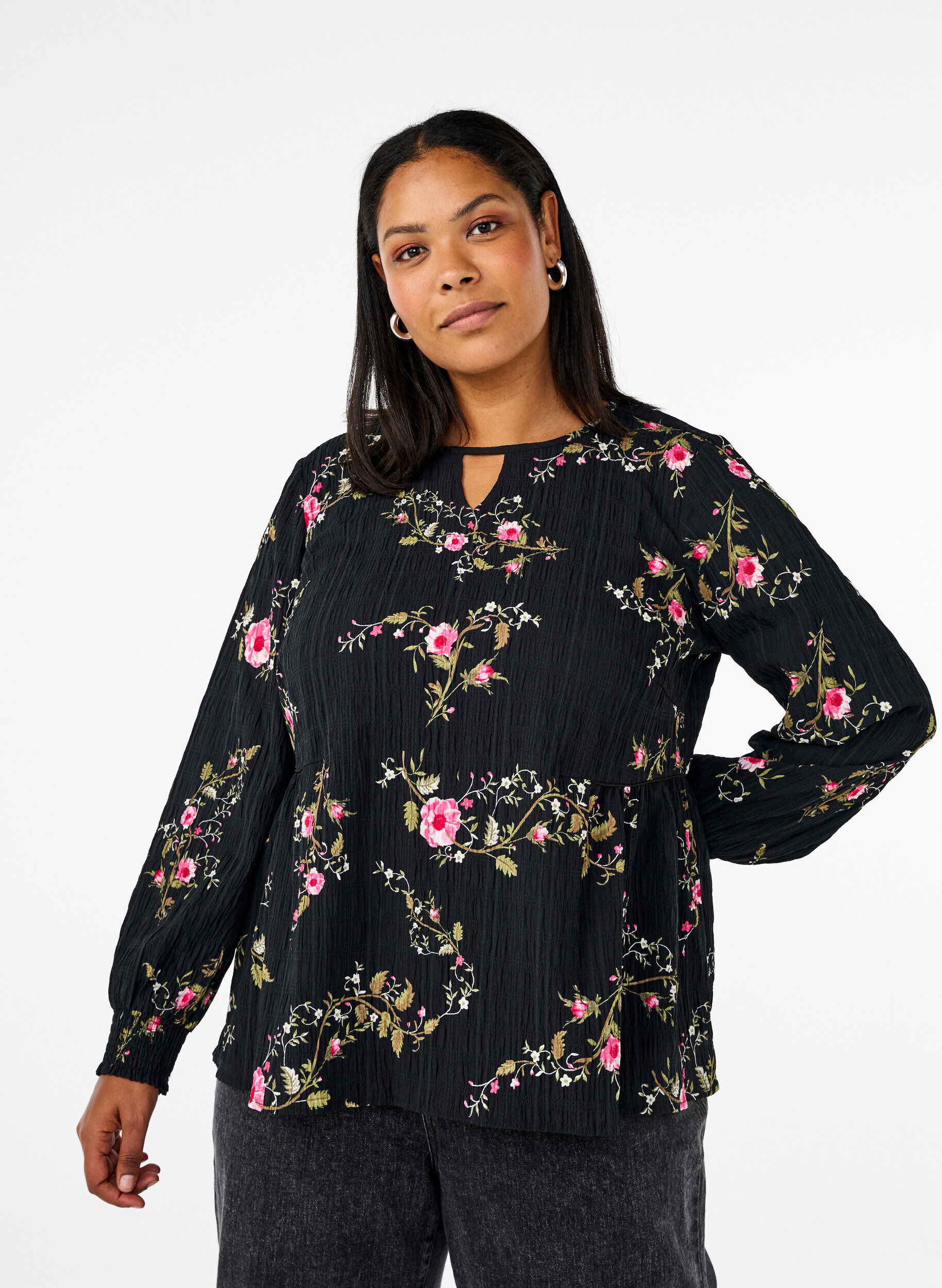 Zizzifashion Long-sleeved blouse with floral print, Black, Model image number 0