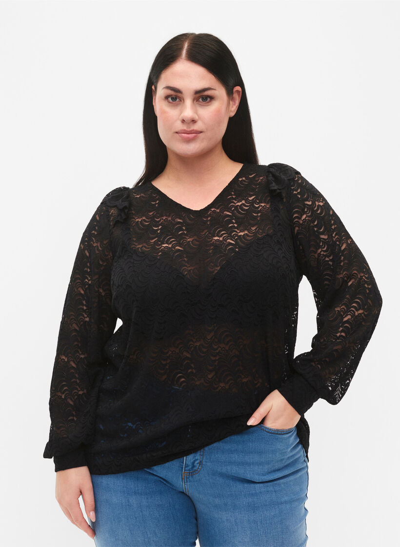 Long-sleeved lace blouse, Black, Model image number 0