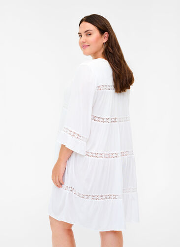 Viscose A-line dress with lace trim, White, Model image number 1