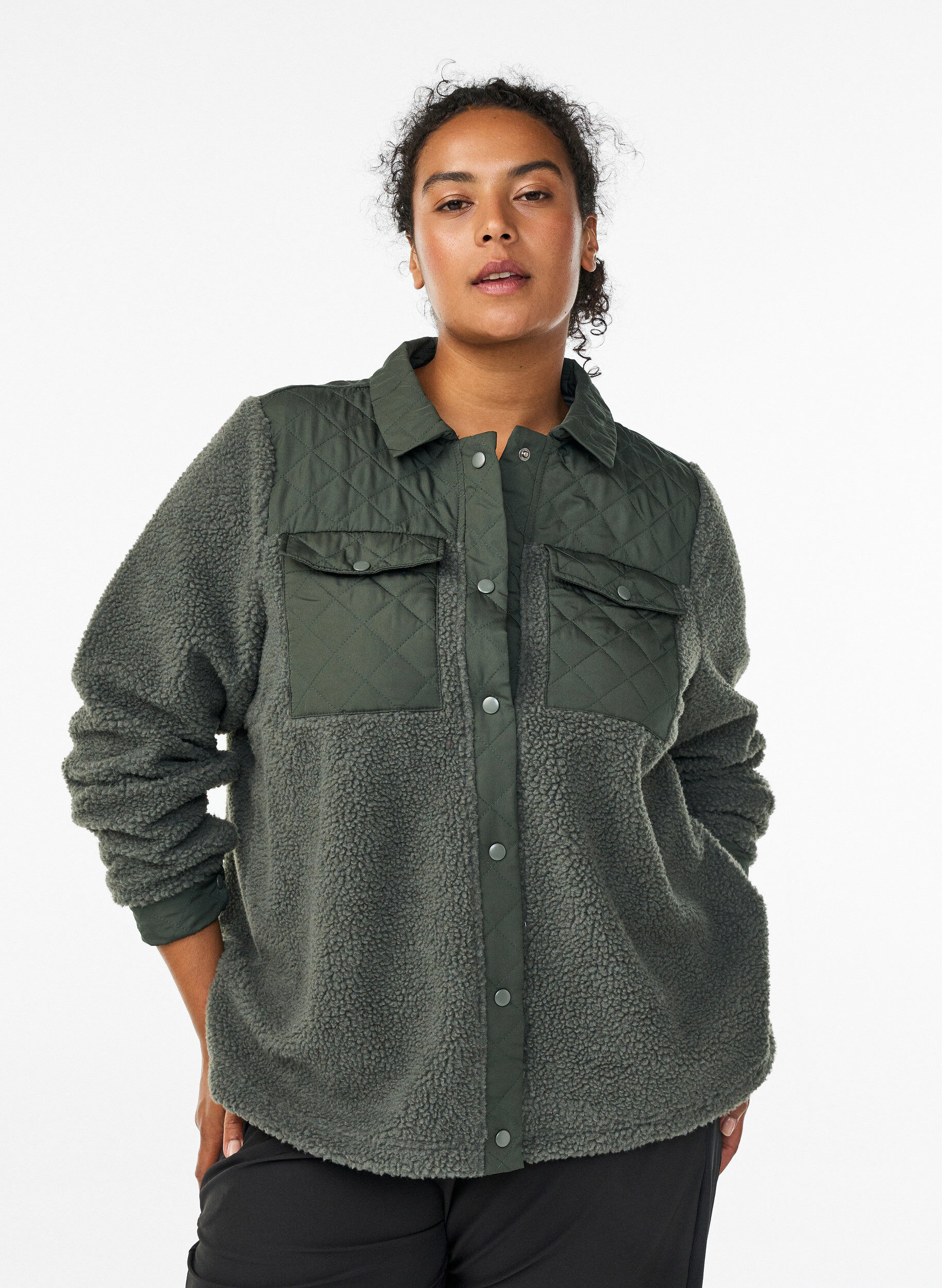 Fleece jacket with quilted details, Green, Model