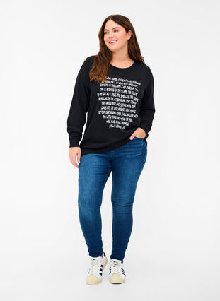 Sweatshirt with text print, Black w. White AOP, Model image number 2
