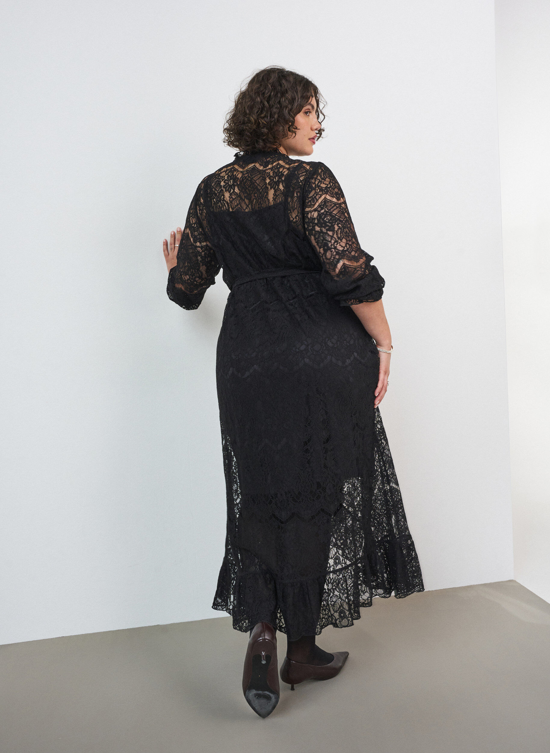 ZizzifashionLace dress with wrap skirt and ruffles, Black, Model image number 1