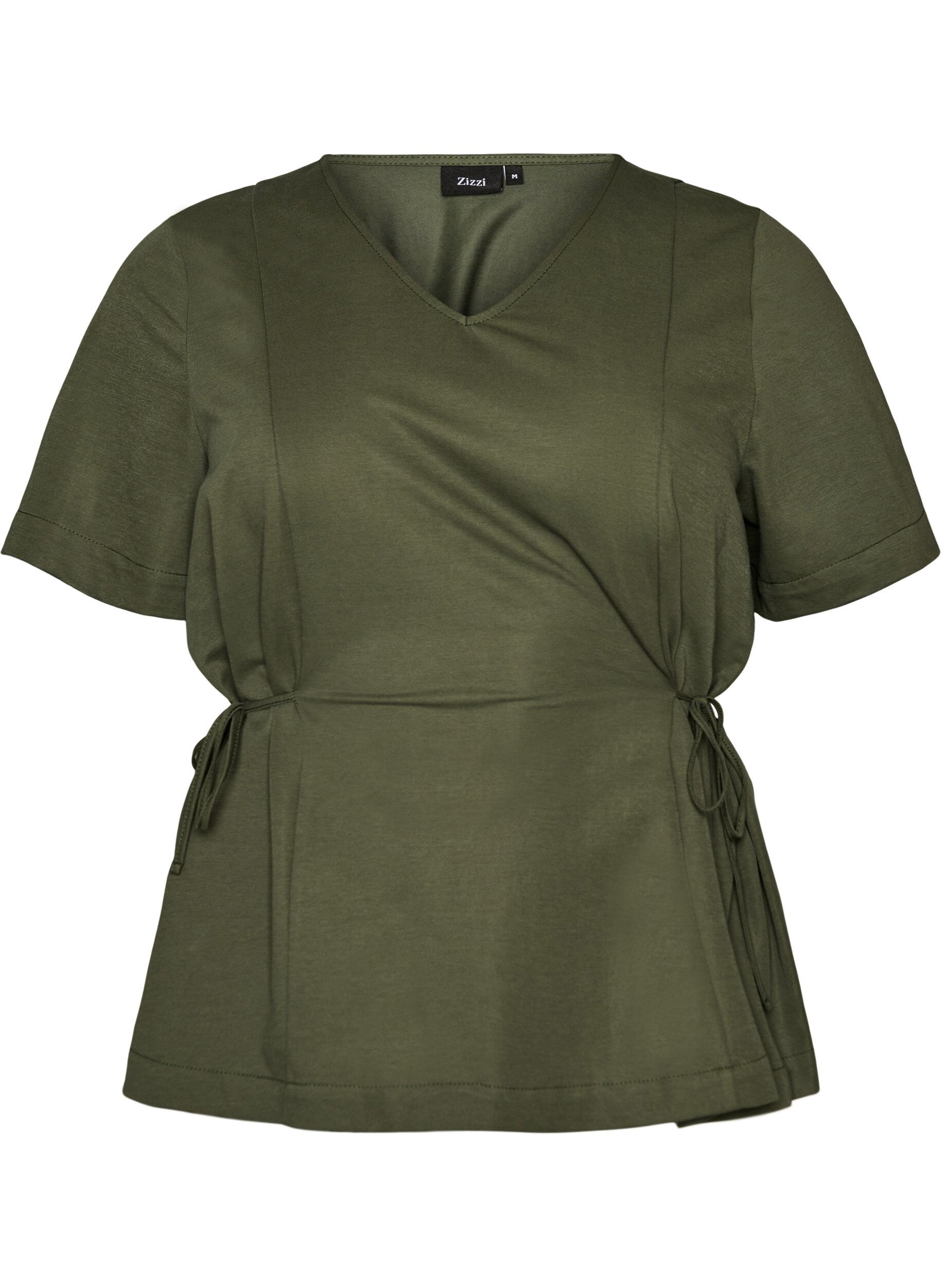 Zizzifashion Blouse in a cotton blend with a V-neck and tie-string, Green, Packshot image number 0