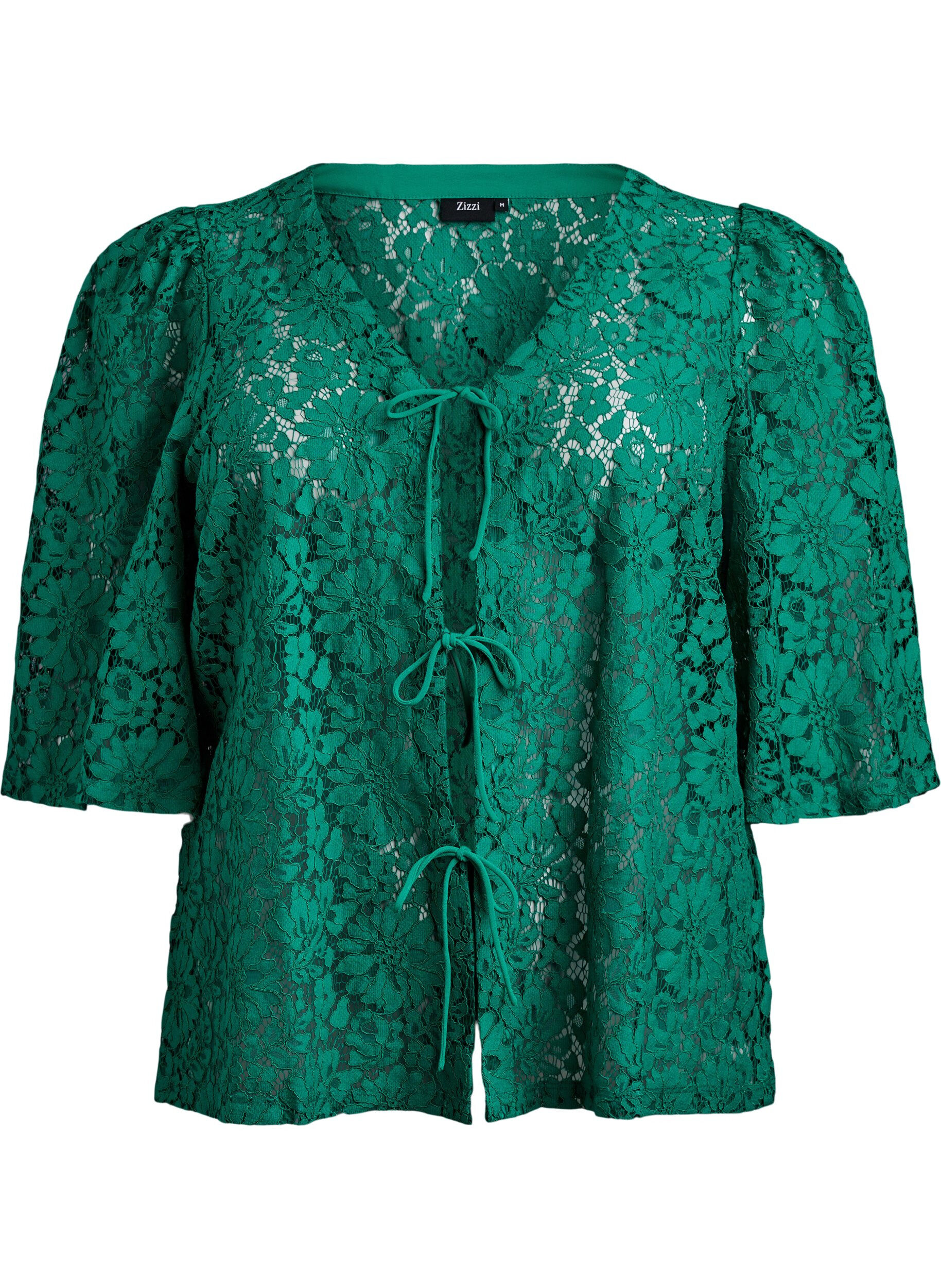 Zizzifashion Lace blouse with 3/4 sleeves and bows on the front, Green, Packshot image number 0