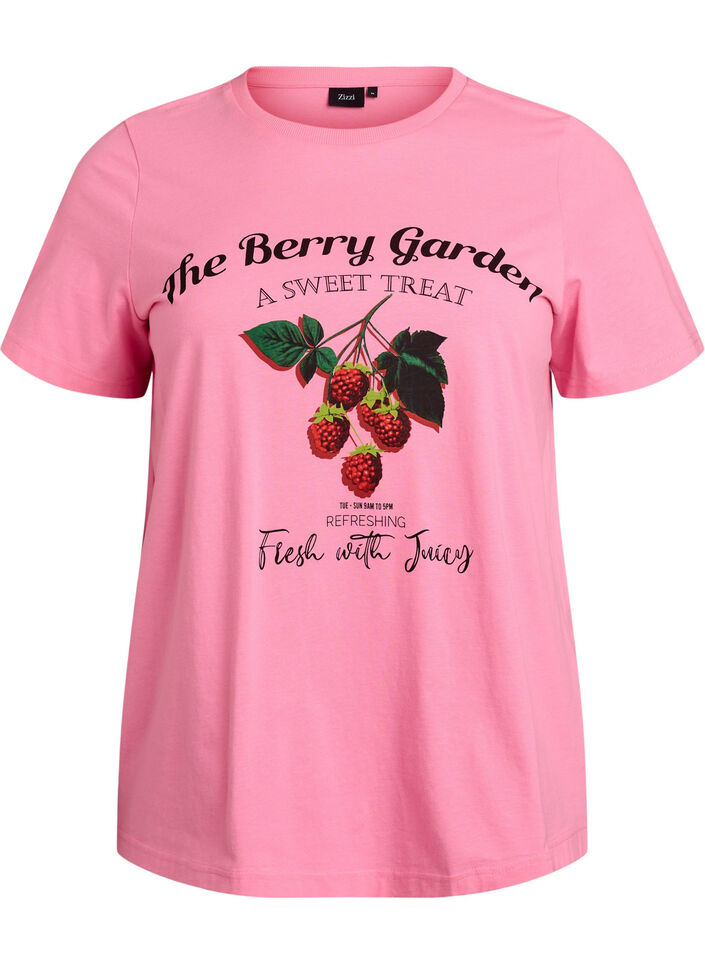 Cotton t-shirt with fruit print and text, Pink, Packshot image number 0